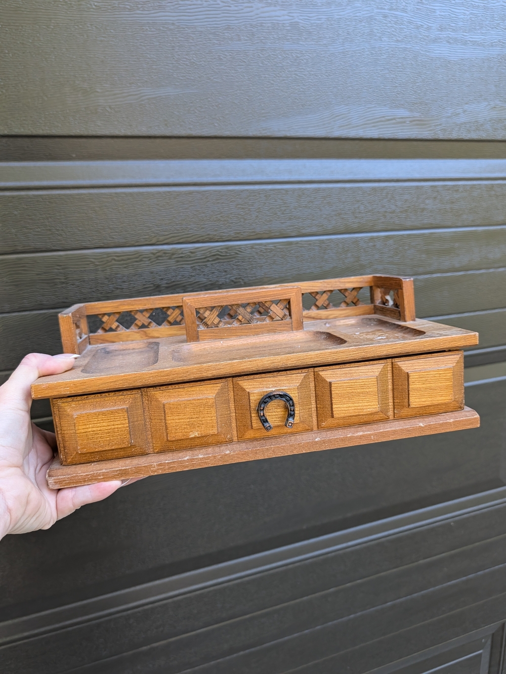 Vintage Western Wooden Vanity Tray with Horseshoe Accent Jewelry Box